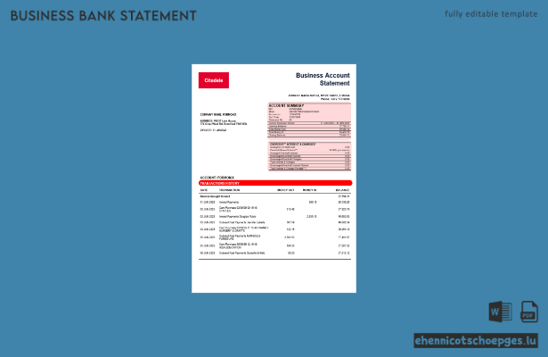 Citadele banka Eesti filiaal AS Geschäftskontoauszug Word- und PDF-Beispielvorschau
